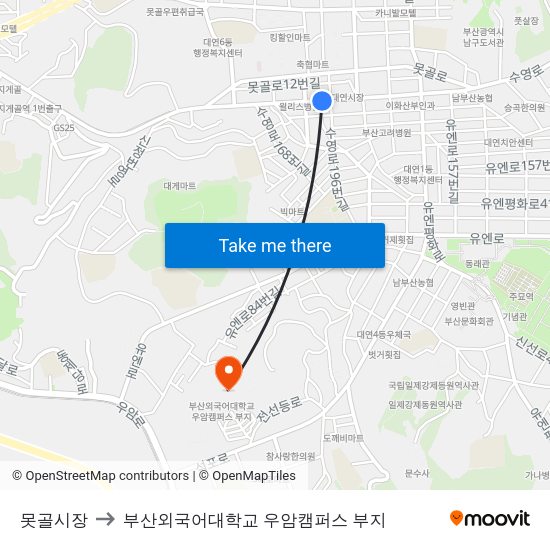 못골시장 to 부산외국어대학교 우암캠퍼스 부지 map