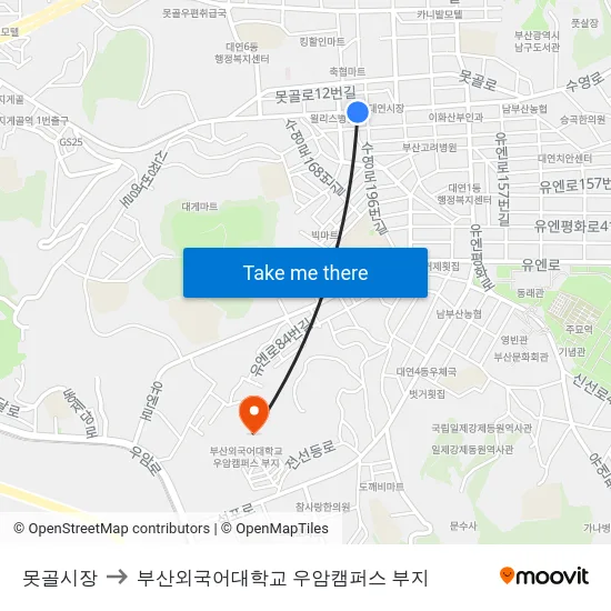 못골시장 to 부산외국어대학교 우암캠퍼스 부지 map