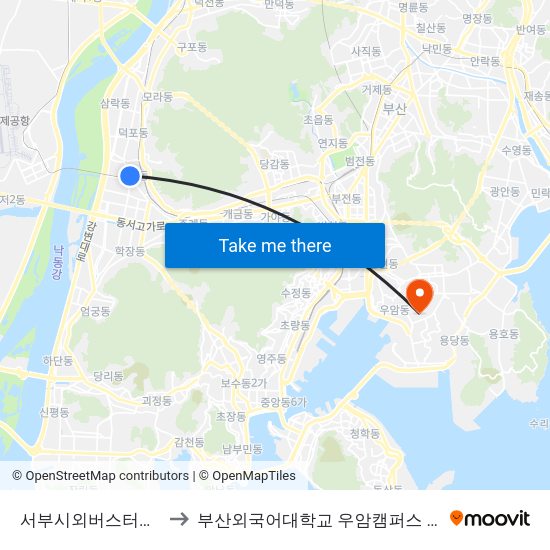 서부시외버스터미널 to 부산외국어대학교 우암캠퍼스 부지 map