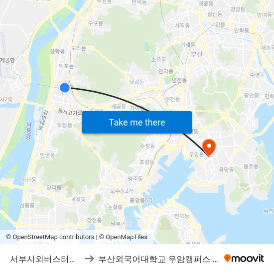 서부시외버스터미널 to 부산외국어대학교 우암캠퍼스 부지 map