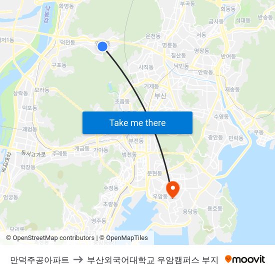 만덕주공아파트 to 부산외국어대학교 우암캠퍼스 부지 map