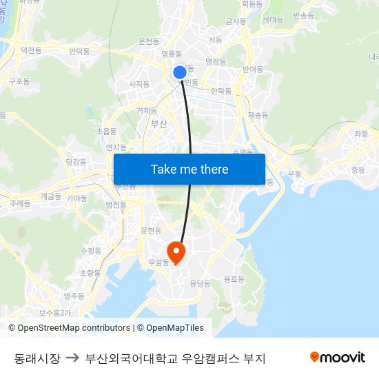 동래시장 to 부산외국어대학교 우암캠퍼스 부지 map