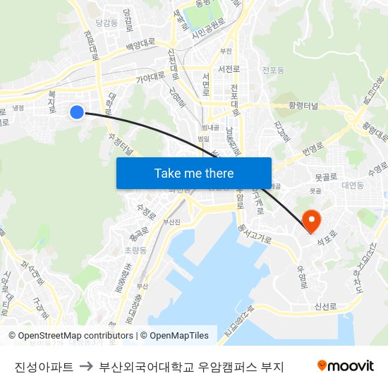 진성아파트 to 부산외국어대학교 우암캠퍼스 부지 map