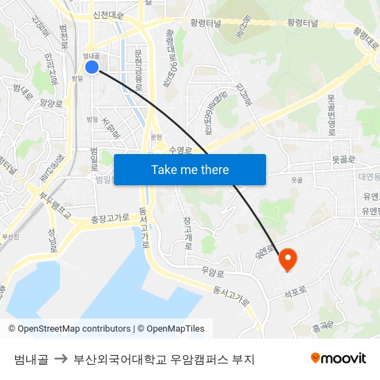 범내골 to 부산외국어대학교 우암캠퍼스 부지 map