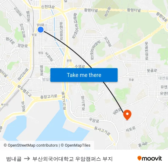 범내골 to 부산외국어대학교 우암캠퍼스 부지 map