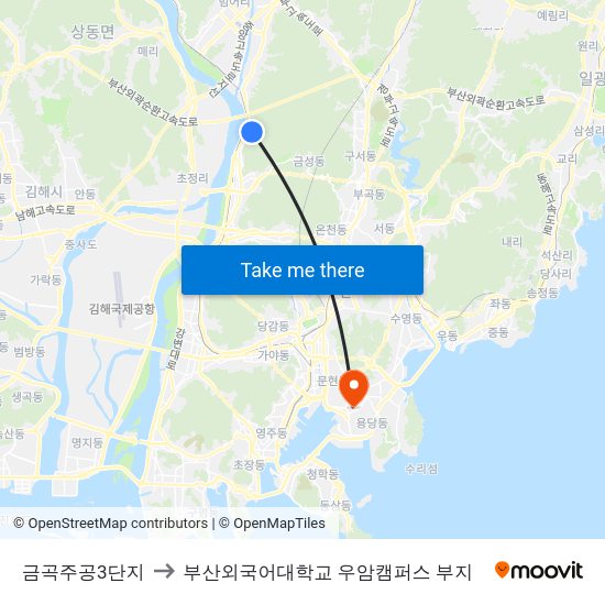 금곡주공3단지 to 부산외국어대학교 우암캠퍼스 부지 map