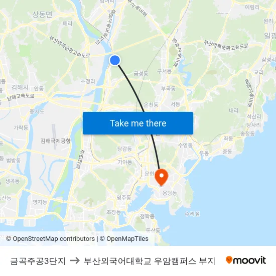 금곡주공3단지 to 부산외국어대학교 우암캠퍼스 부지 map