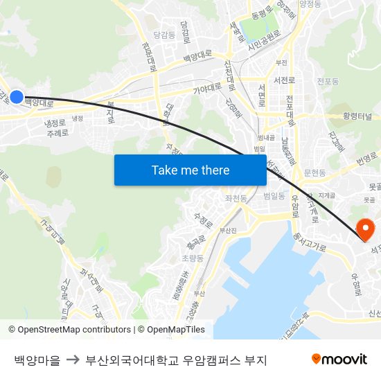 백양마을 to 부산외국어대학교 우암캠퍼스 부지 map