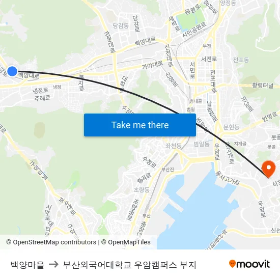 백양마을 to 부산외국어대학교 우암캠퍼스 부지 map