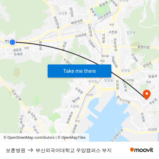 보훈병원 to 부산외국어대학교 우암캠퍼스 부지 map