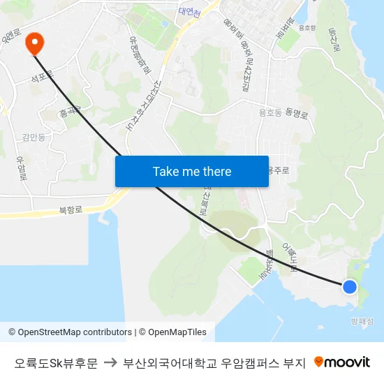 오륙도Sk뷰후문 to 부산외국어대학교 우암캠퍼스 부지 map