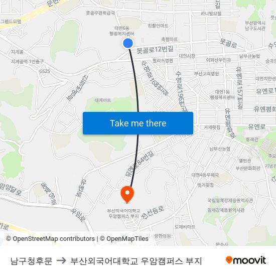 남구청후문 to 부산외국어대학교 우암캠퍼스 부지 map