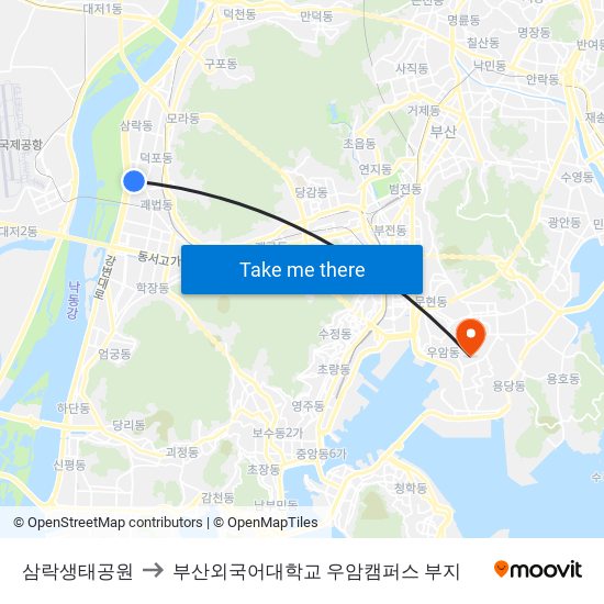 삼락생태공원 to 부산외국어대학교 우암캠퍼스 부지 map