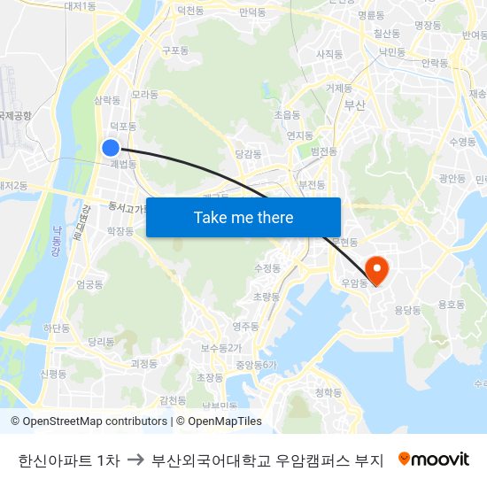 한신아파트 1차 to 부산외국어대학교 우암캠퍼스 부지 map