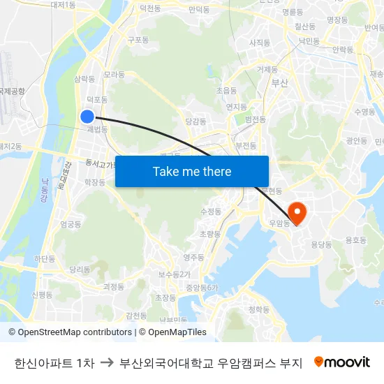 한신아파트 1차 to 부산외국어대학교 우암캠퍼스 부지 map