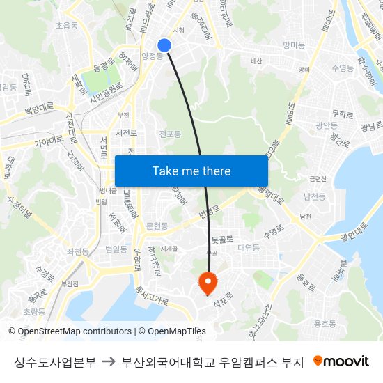 상수도사업본부 to 부산외국어대학교 우암캠퍼스 부지 map