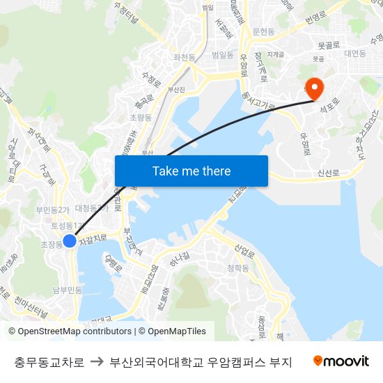 충무동교차로 to 부산외국어대학교 우암캠퍼스 부지 map