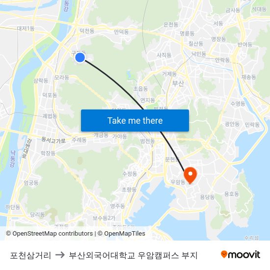 포천삼거리 to 부산외국어대학교 우암캠퍼스 부지 map