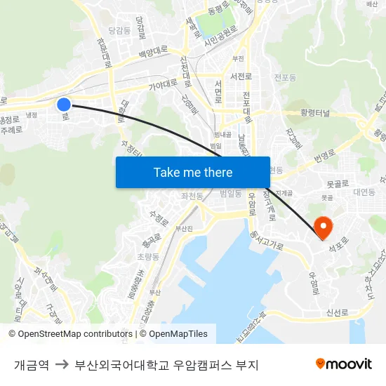 개금역 to 부산외국어대학교 우암캠퍼스 부지 map