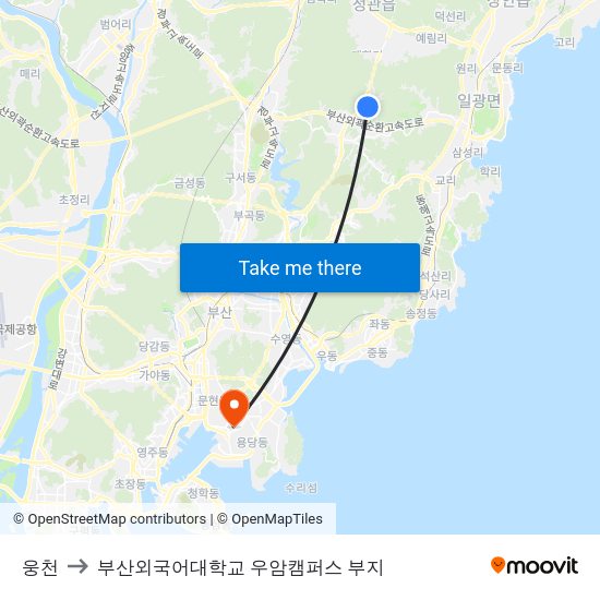 웅천 to 부산외국어대학교 우암캠퍼스 부지 map