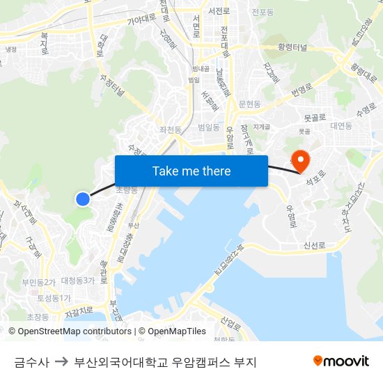 금수사 to 부산외국어대학교 우암캠퍼스 부지 map