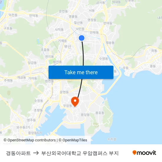 경동아파트 to 부산외국어대학교 우암캠퍼스 부지 map