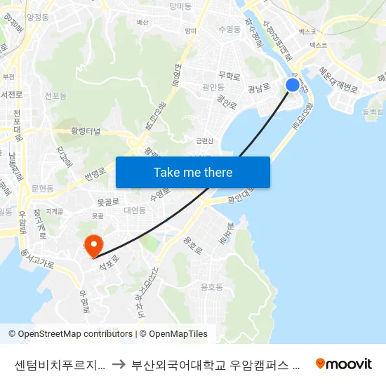 센텀비치푸르지오 to 부산외국어대학교 우암캠퍼스 부지 map
