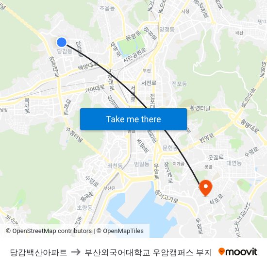 당감백산아파트 to 부산외국어대학교 우암캠퍼스 부지 map