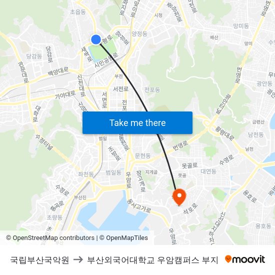 국립부산국악원 to 부산외국어대학교 우암캠퍼스 부지 map