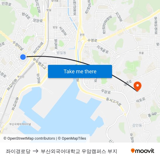 좌이경로당 to 부산외국어대학교 우암캠퍼스 부지 map