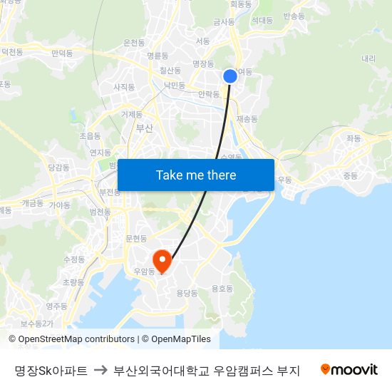 명장Sk아파트 to 부산외국어대학교 우암캠퍼스 부지 map