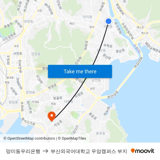 망미동우리은행 to 부산외국어대학교 우암캠퍼스 부지 map