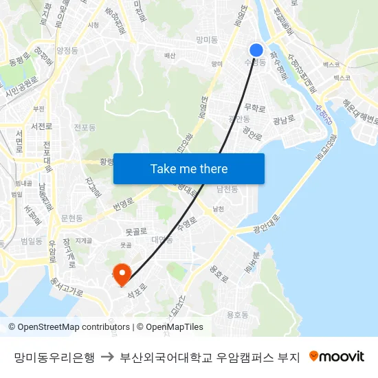 망미동우리은행 to 부산외국어대학교 우암캠퍼스 부지 map