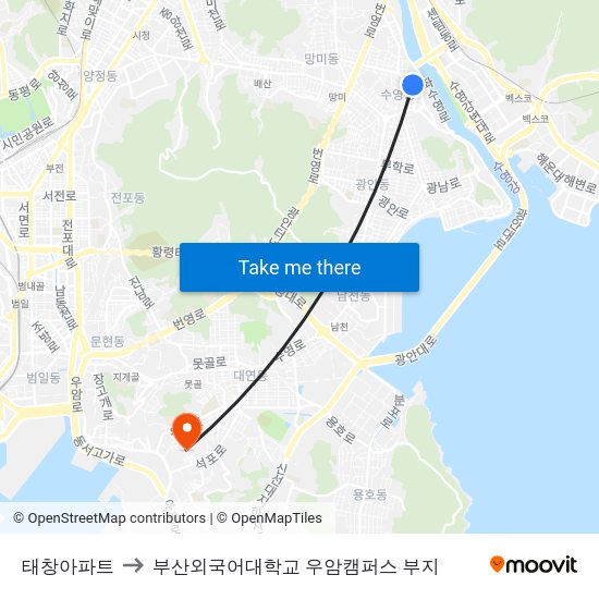 태창아파트 to 부산외국어대학교 우암캠퍼스 부지 map