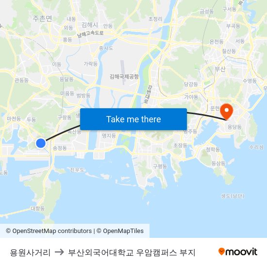 용원사거리 to 부산외국어대학교 우암캠퍼스 부지 map