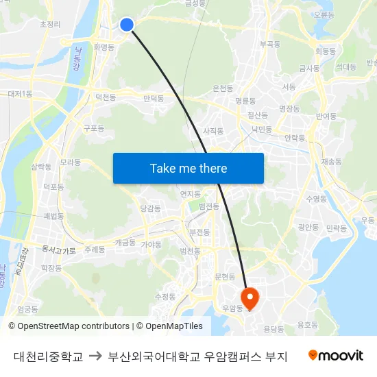 대천리중학교 to 부산외국어대학교 우암캠퍼스 부지 map