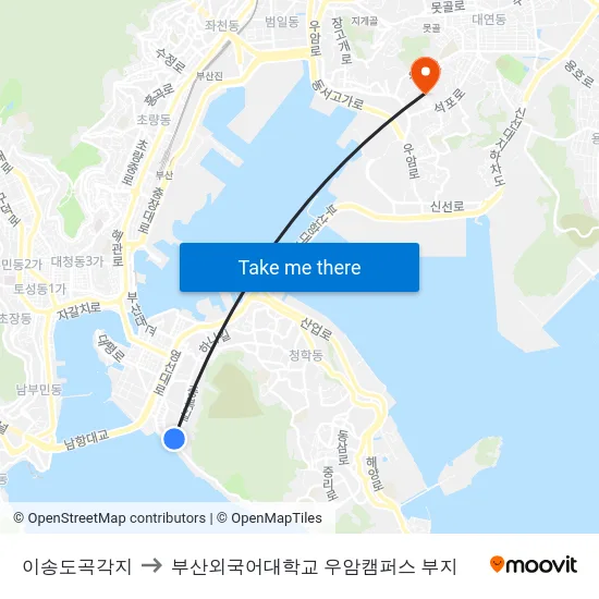 이송도곡각지 to 부산외국어대학교 우암캠퍼스 부지 map