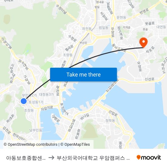 아동보호종합센터 to 부산외국어대학교 우암캠퍼스 부지 map