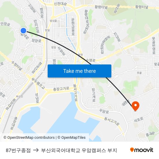 87번구종점 to 부산외국어대학교 우암캠퍼스 부지 map
