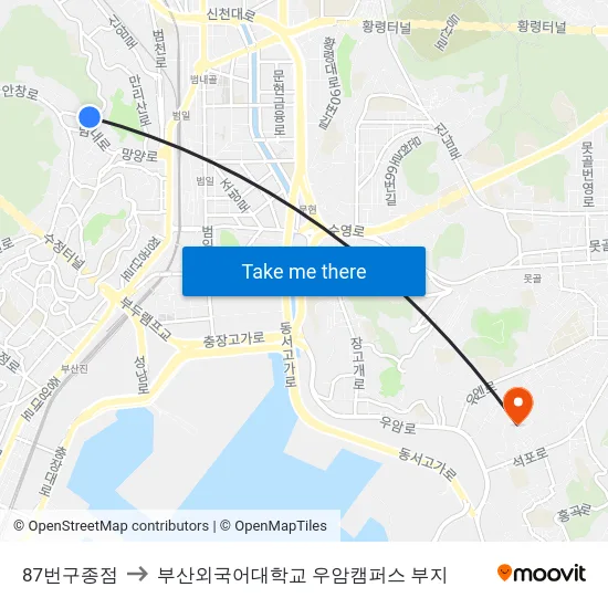 87번구종점 to 부산외국어대학교 우암캠퍼스 부지 map