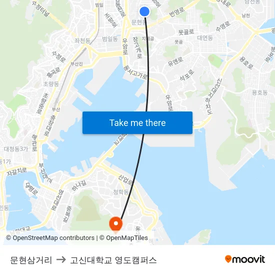 문현삼거리 to 고신대학교 영도캠퍼스 map