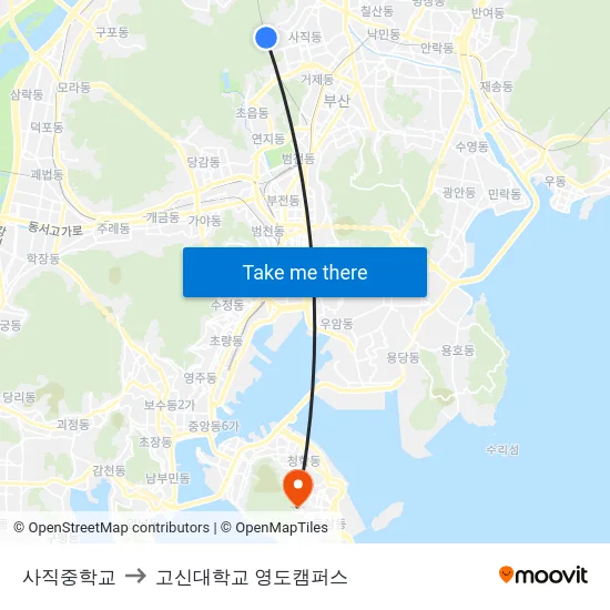 사직중학교 to 고신대학교 영도캠퍼스 map