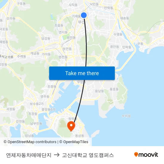연제자동차매매단지 to 고신대학교 영도캠퍼스 map