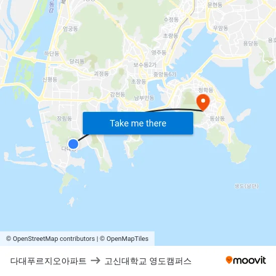 다대푸르지오아파트 to 고신대학교 영도캠퍼스 map