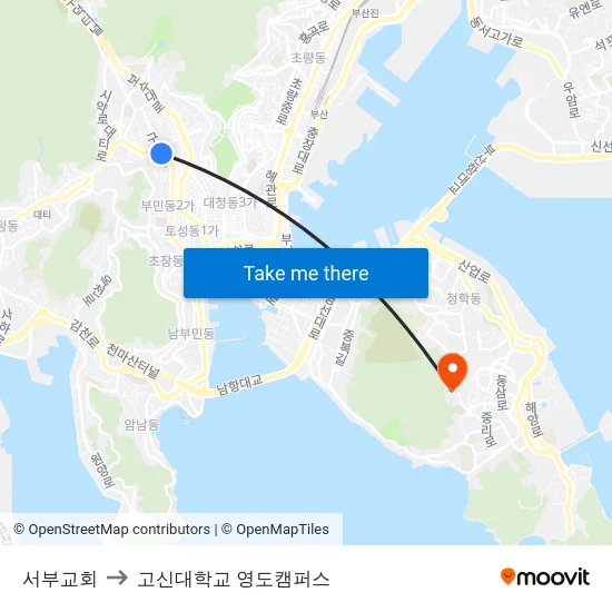 서부교회 to 고신대학교 영도캠퍼스 map