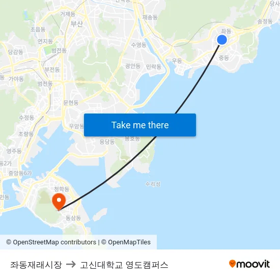 좌동재래시장 to 고신대학교 영도캠퍼스 map