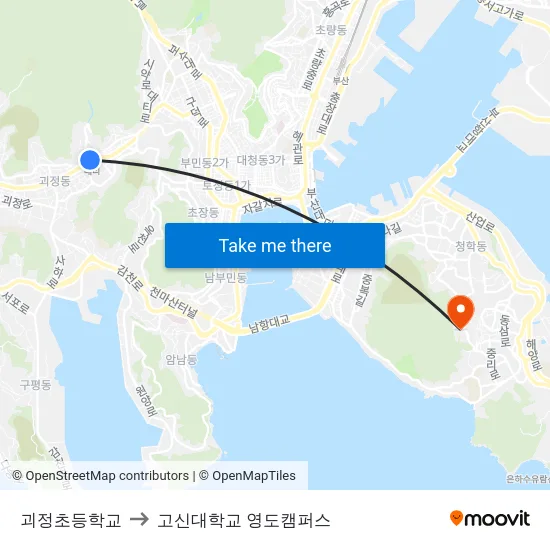 괴정초등학교 to 고신대학교 영도캠퍼스 map