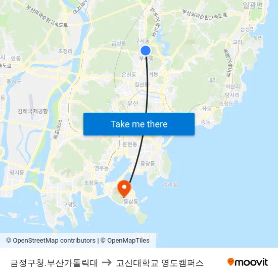 금정구청.부산가톨릭대 to 고신대학교 영도캠퍼스 map