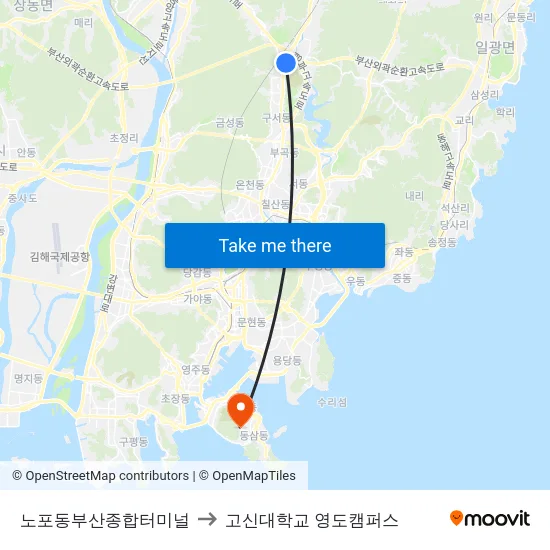 노포동부산종합터미널 to 고신대학교 영도캠퍼스 map