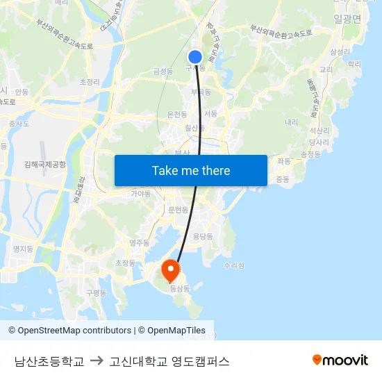 남산초등학교 to 고신대학교 영도캠퍼스 map